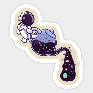 Cute Astronaut Pouring Space From Teapot Cartoon Sticker